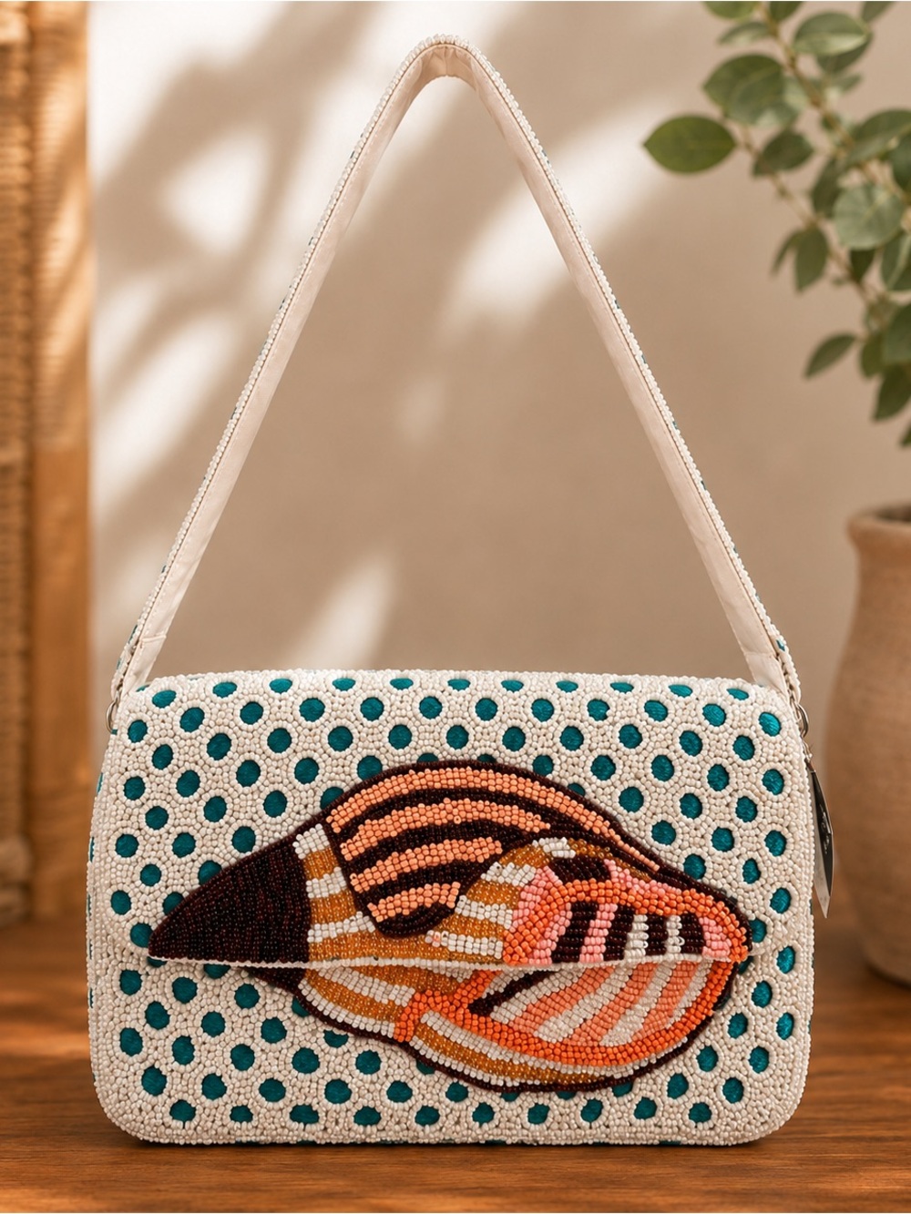 Beaded Seashell Shoulder Bag Coastal Statement Purse White Teal Orange